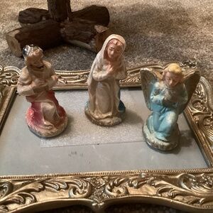 Antique blow mold Mary, Joseph, and an angel.